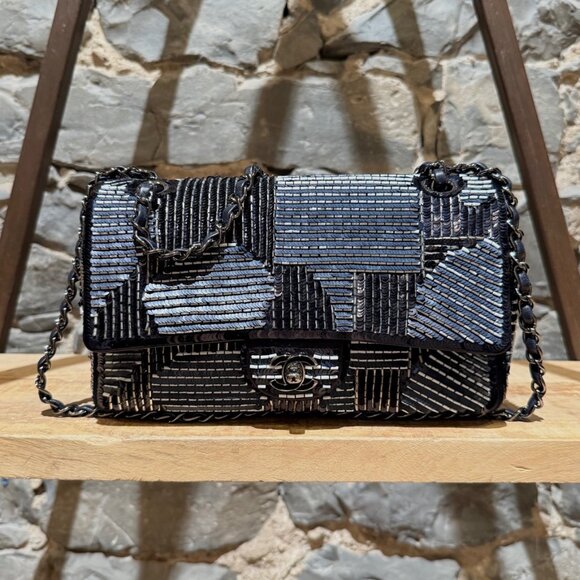 Chanel 2015-2016 Navy Blue Satin Sequin Beaded Medium Double Flap Bag - Picture 1 of 16